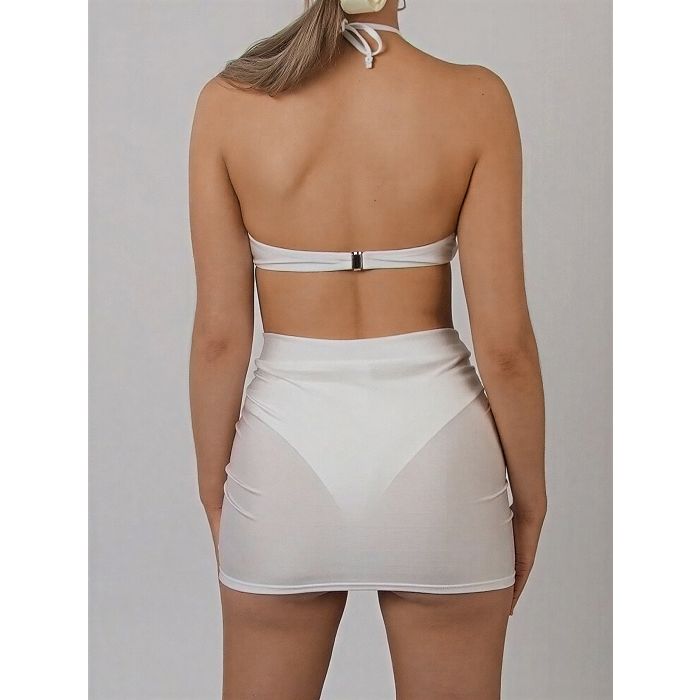 Bloom Skirt Scrunch High-Cut Flower Halter Three Piece Bikini Set
