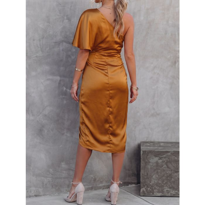 Asymmetrical One Shoulder Ruched Resort Satin Midi Dress