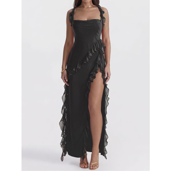 Flowy Ruffled Square Neck Sleeveless High Slit Sleeveless Midi Dress
