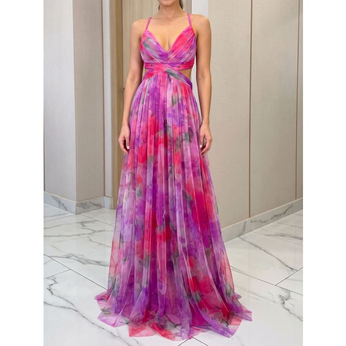 Flowy V-Neck Watercolor Floral Mesh Sleeveless Wrap Cutout Maxi Dre…