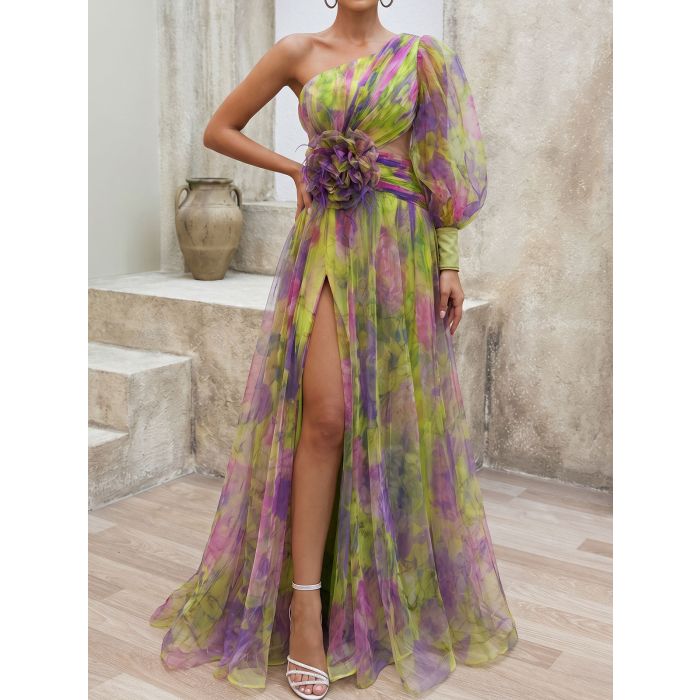 Flowy Floral One Shoulder Long Sleeve Slit Ruched Tulle Maxi Dress