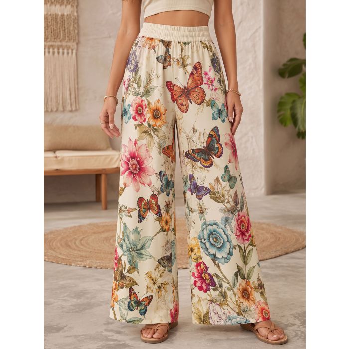 Relaxed Butterfly Floral High Waist Wide Leg Resort Palazzo Pants