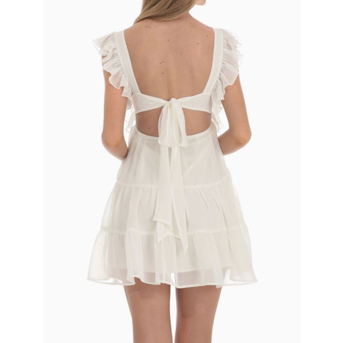 Playful Ruffled Square Neck Tie Back Resort Tiered Babydoll Mini Dr…