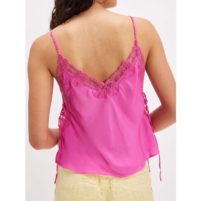 Vintage Floral Lace Tie Side Slit Resort Crop Cami Satin Top