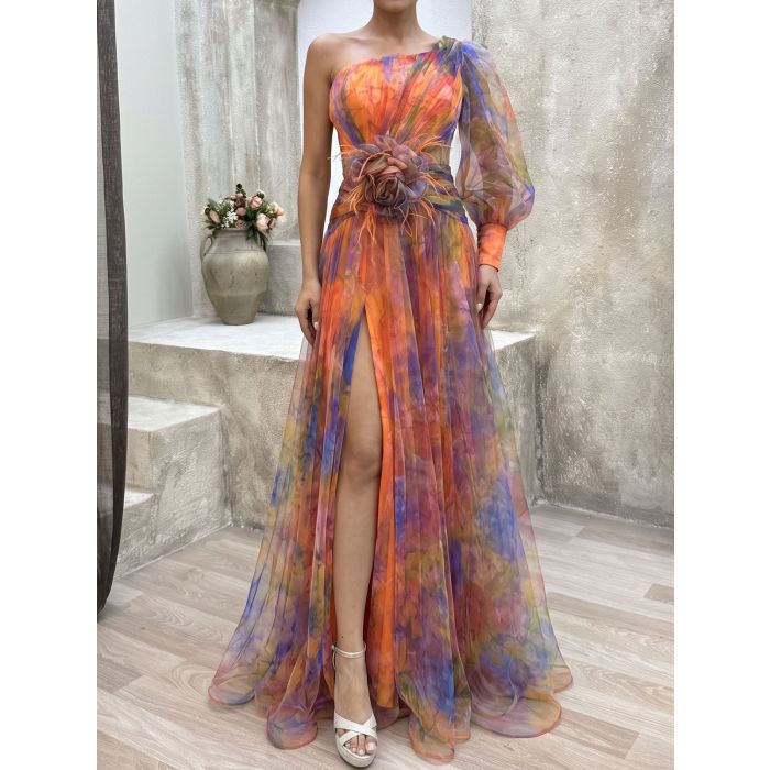 Flowy Floral One Shoulder Long Sleeve Slit Ruched Tulle Maxi Dress