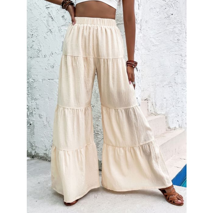Relaxed Chic Tiered Flare High Waist Resort Crinkle Wide Leg Pants