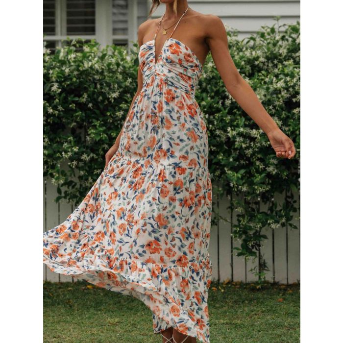 Flowy Halter Deep V Ruched Empire Waist Resort Tiered Maxi Dress
