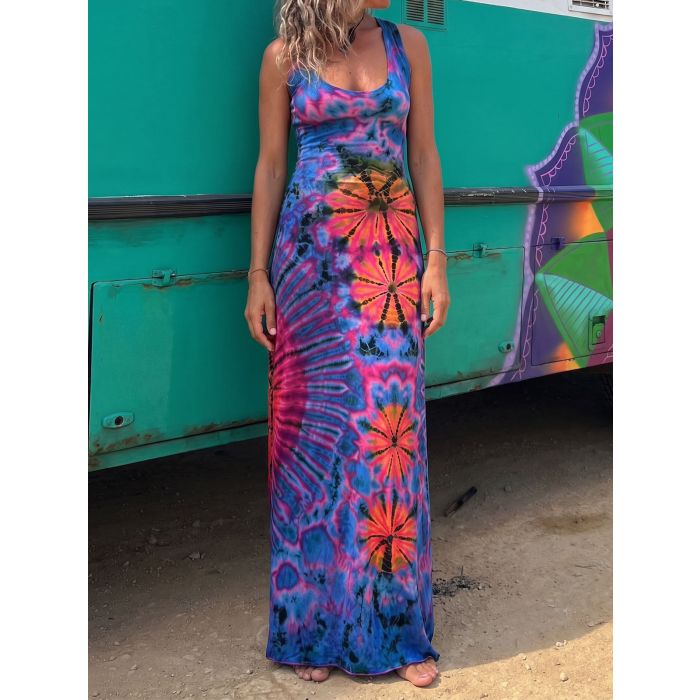 Sunburst Tie Dye Criss Cross Back Resort Summer Tank Maxi Dress