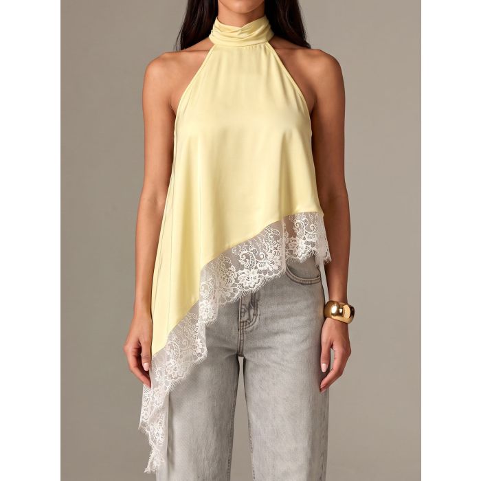 Asymmetrical Scalloped Lace Resort High Neck Silky Satin Top