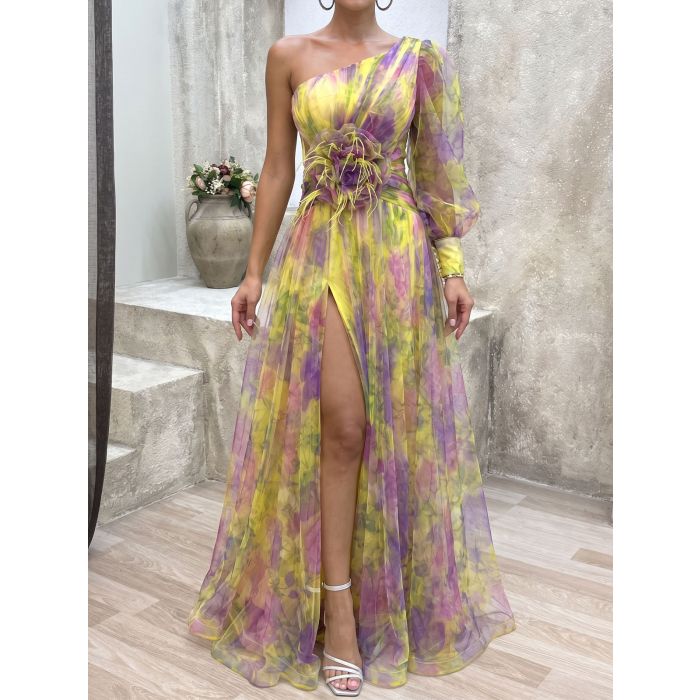 Flowy Floral One Shoulder Long Sleeve Slit Ruched Tulle Maxi Dress