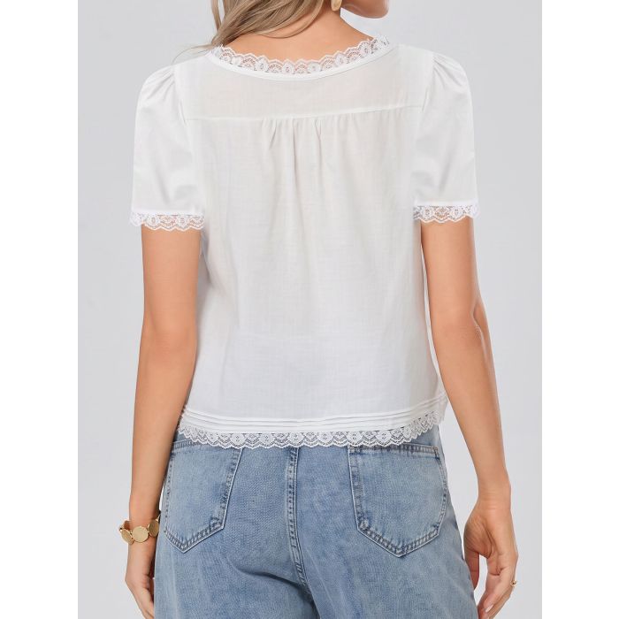 Playful Ruffled Tie Front Button Up Short Sleeve Resort Lace Crop T…