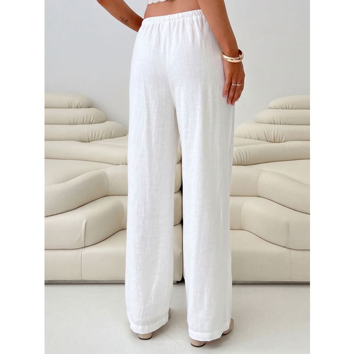 Effortless Drawstring Tie Waist Solid White Resort Wide Leg Pants