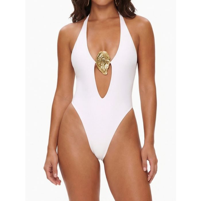 Sparkly Metallic Shell Halter Deep V High-Leg High-Cut One-Piece Sw…