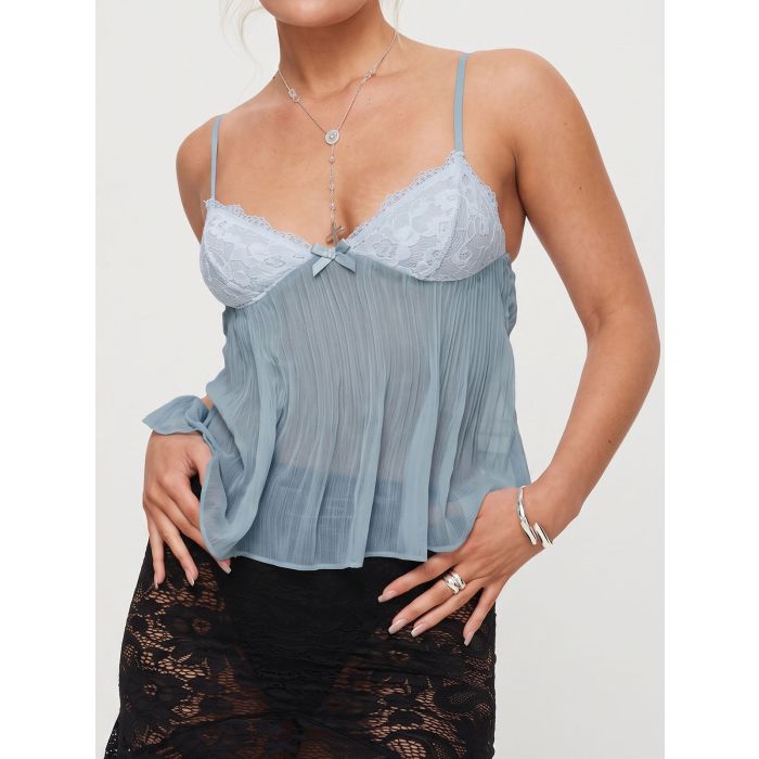 Playful Lace V-Neck Bow Plisse Babydoll Resort Spaghetti Crop Top