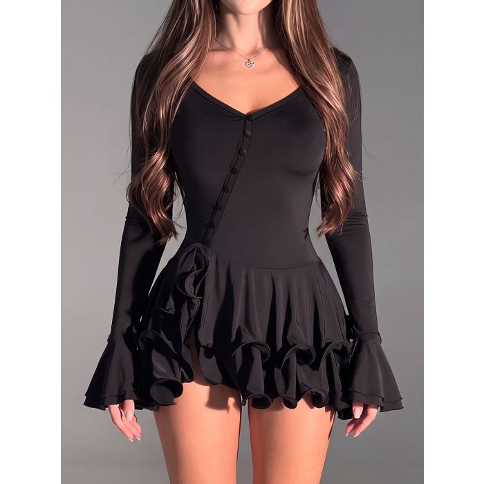 Asymmetrical Button Up Long Sleeve Bodycon Layered Ruffle Mini Dress