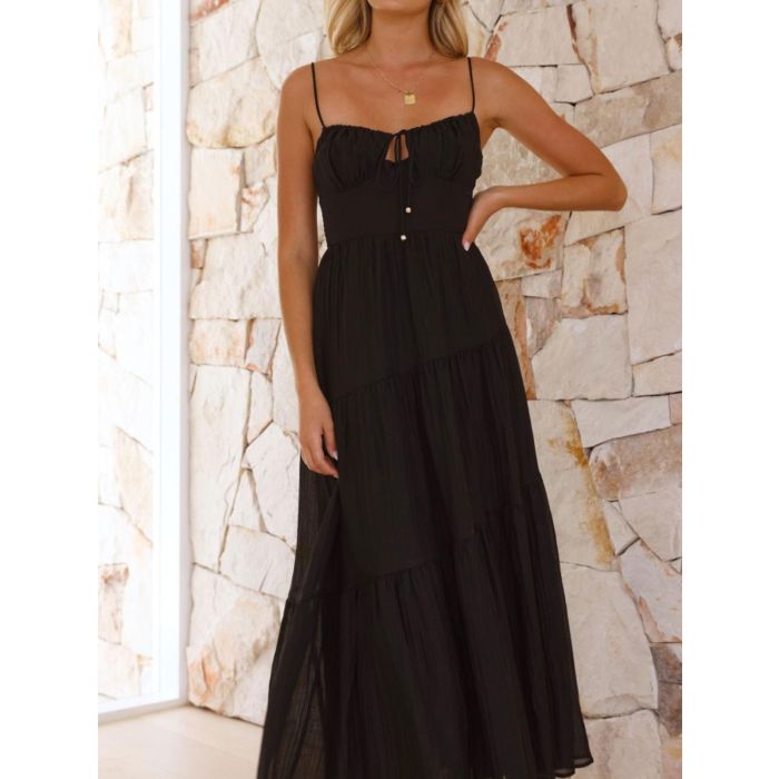 Relaxed Tie Neck Smocked Back Resort Crochet Tiered Midi Sundress
