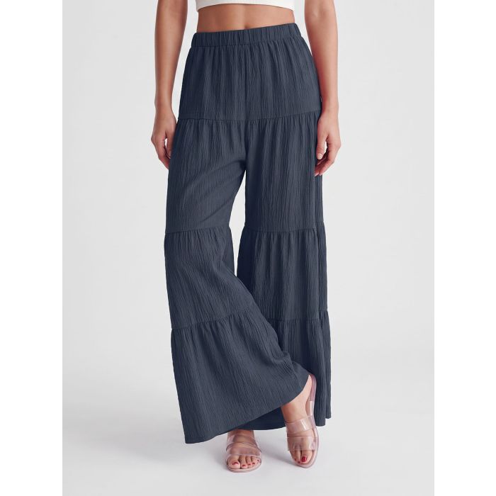 Relaxed Chic Tiered Flare High Waist Resort Crinkle Wide Leg Pants