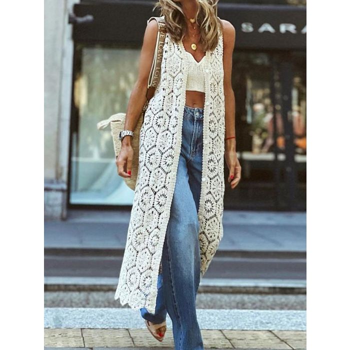 Breezy Open Front Sleeveless Crochet Knit Cover-Up Jacket