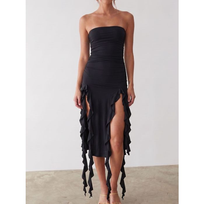 Flowy Ruffle Fringe Split Resort Ruched Bodycon Strapless Midi Dress