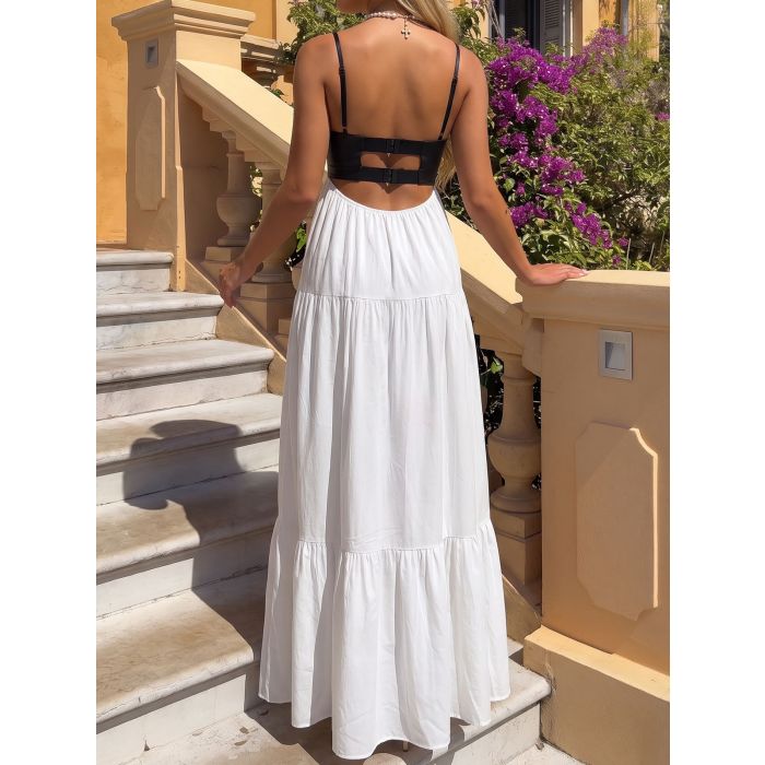 Unique Contrast Sweetheart Empire Waist Resort Babydoll Maxi Sun Dr…