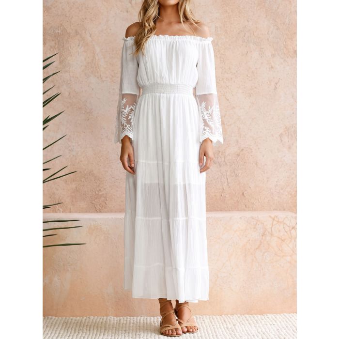 Breezy Off Shoulder Lace Bell Sleeve Resort Tiered Maxi Dress