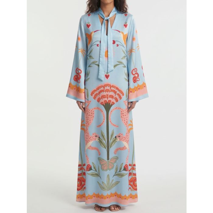 Tropical Palm Tie Neck Wide Sleeve Resort Slit Satin Kaftan Maxi Dr…