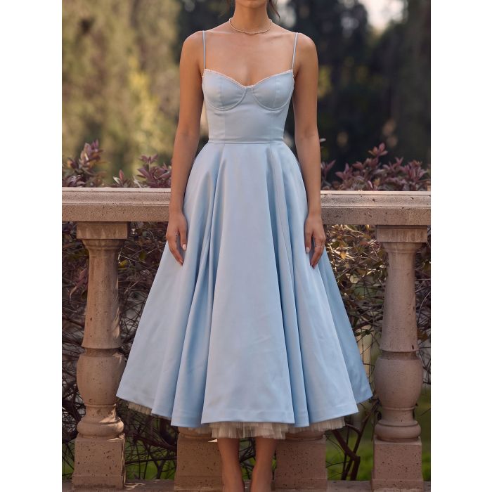 Elegant Sweetheart Fit Flare Tulle Layer Resort Satin Slip Midi Dre…