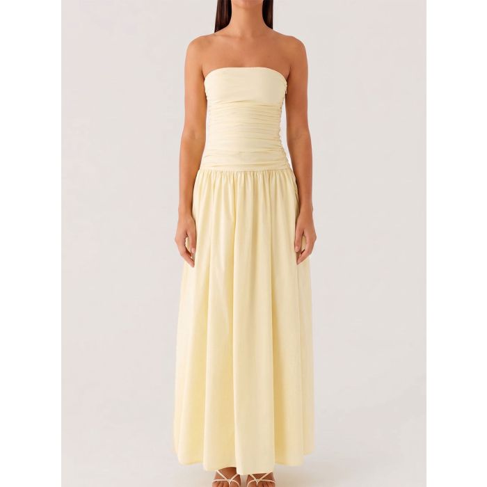 Breezy Ruched Strapless Drop Waist Resort Fit Flare Maxi Dress