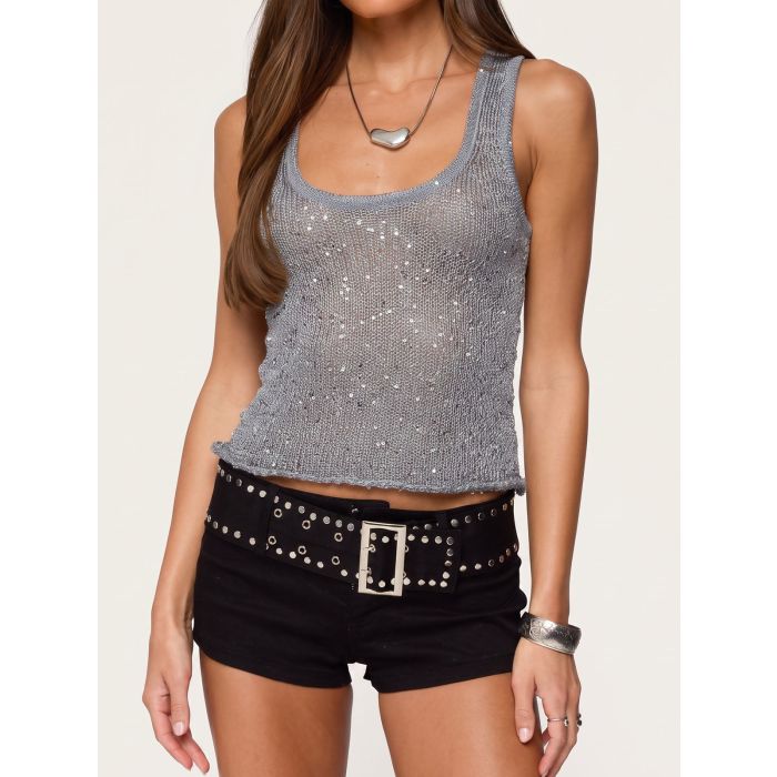 Sparkly Sequin Scoop Neck Resort Roll Hem Knit Tank Crop Top