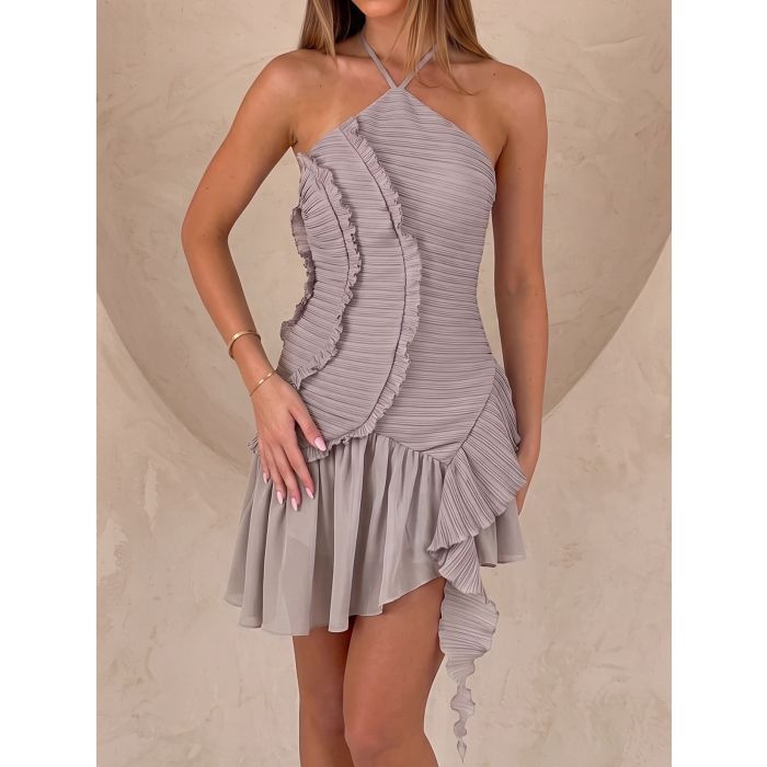 Asymmetrical Tiered Ruffle Halter Tie Resort Chiffon Pleated Mini D…