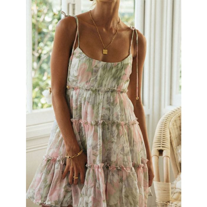 Playful Tie Shoulder Floral Resort Tiered Babydoll Slip Mini Dress