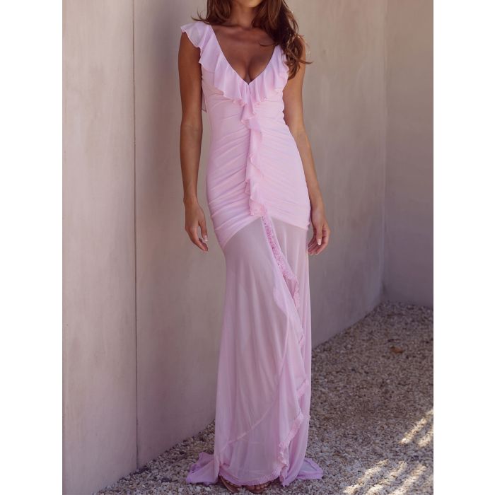 Flattering Ruffled V-Neck Ruched Front Slit Resort Mesh Fishtail Ma…