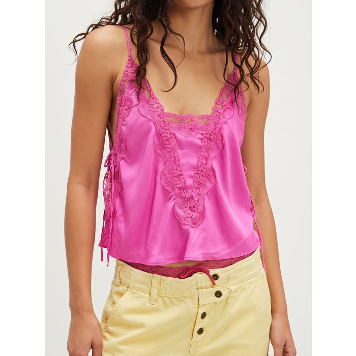 Vintage Floral Lace Tie Side Slit Resort Crop Cami Satin Top