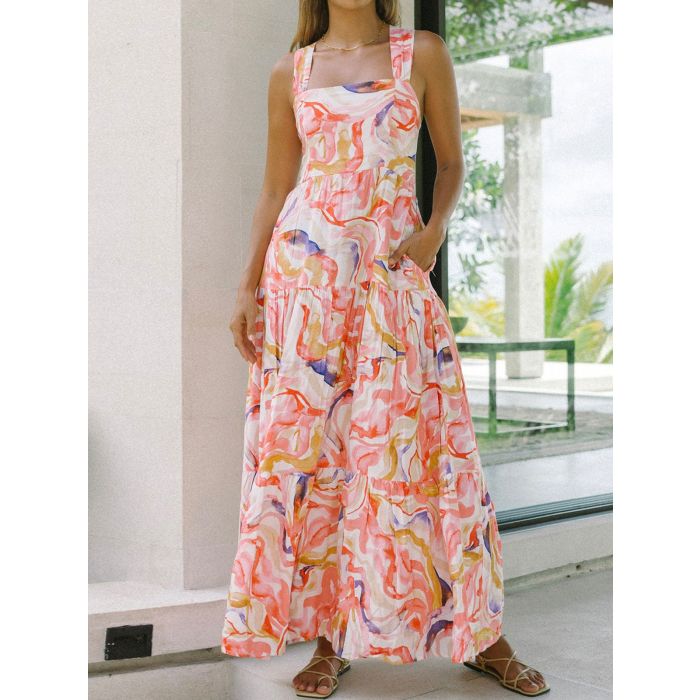 Relaxed Floral Square Neck Pocket Resort Tiered Maxi Sundress