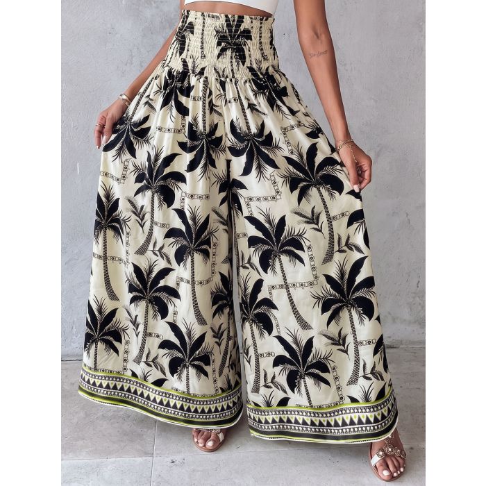 Relaxed Smocked High Waist Tropical Wide Leg Resort Palazzo Pants