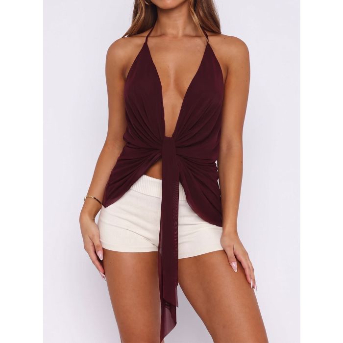 Flowy Sash Knotted Ruched Deep V Halter Tie Resort Crop Mesh Top