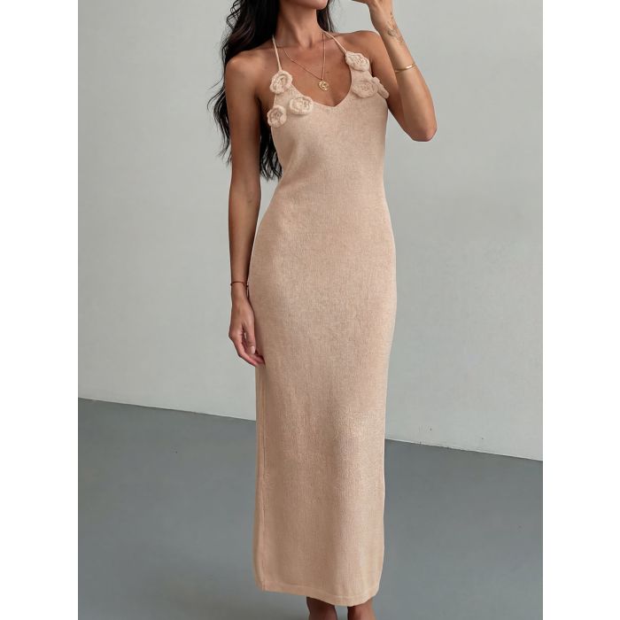 Bloom 3D Flower Deep V Halter Backless Resort Fishtail Knit Maxi Dr…