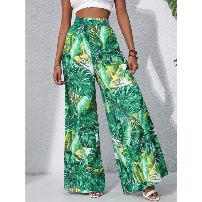 Tropical Leaf High Waisted Wide Leg Resort Chiffon Palazzo Pants