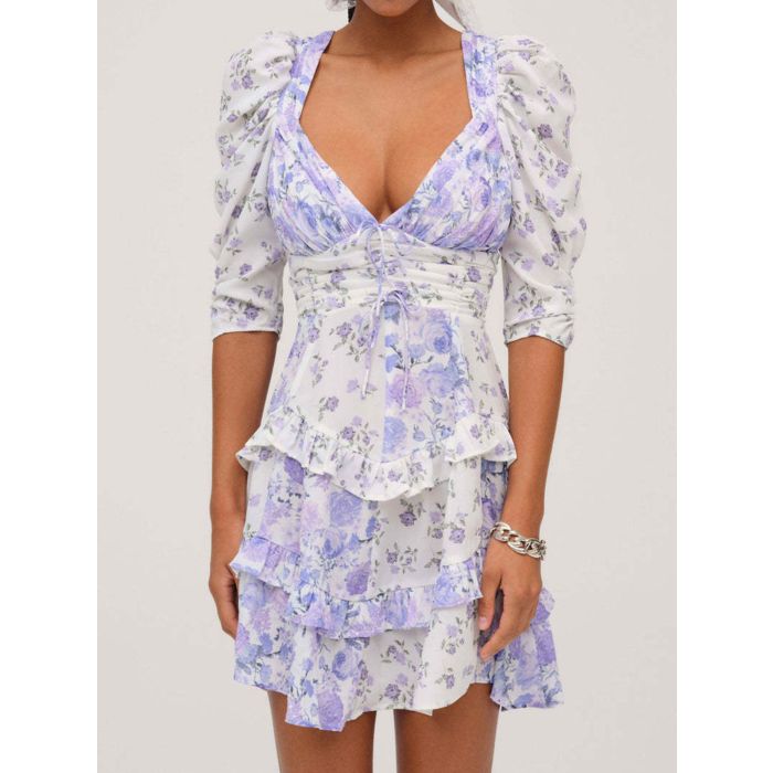 Resort Floral Pleated V-Neck Lace Ruffle Tiered Puff Sleeve Mini Dr…
