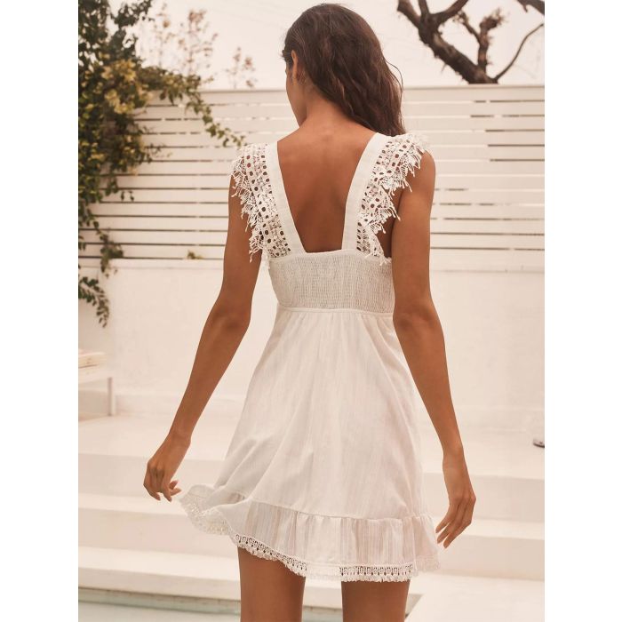 Swing Bow Tie Deep V-Neck Smocked Resort Lace Mini Sundress