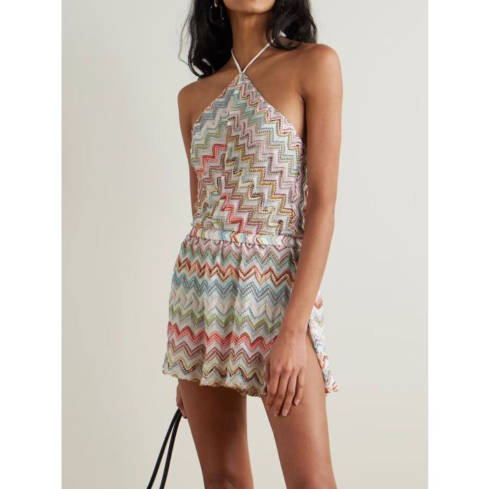 Vibrant Zigzag Jacquard Smocked Waist Resort Split Halter Romper