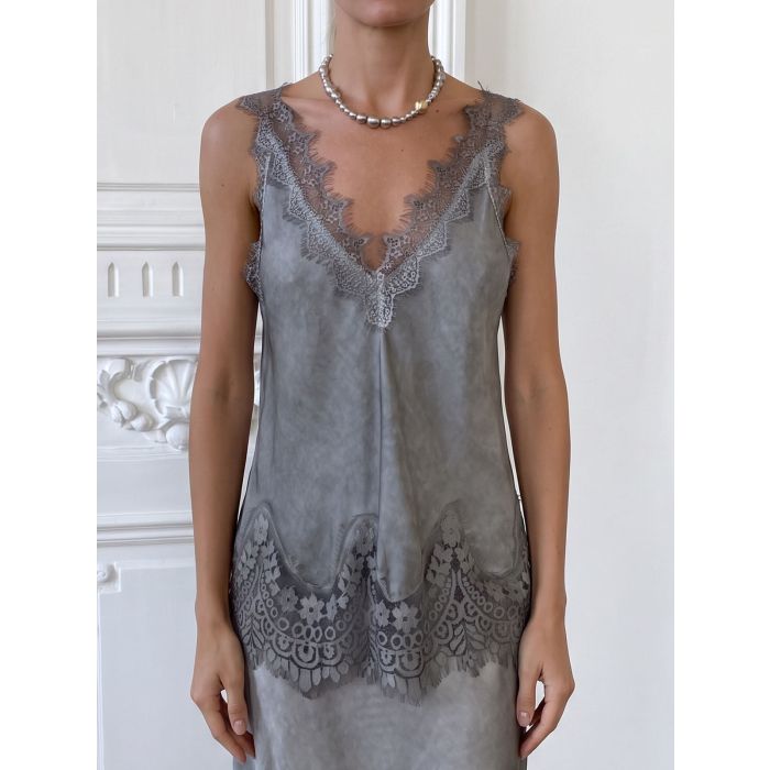 Vintage Eyelash Lace Deep V-Neck Resort Silky Satin Tank Top