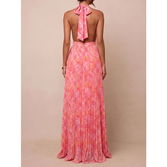 Watercolor Plunge Halter Bow Waist Backless Pleated Maxi Dress