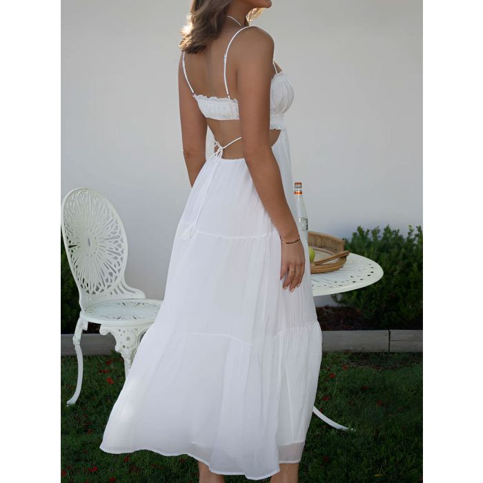 Flattering Ruffle Tie Neck Cutout Resort Crinkled Tiered Midi Sundr…