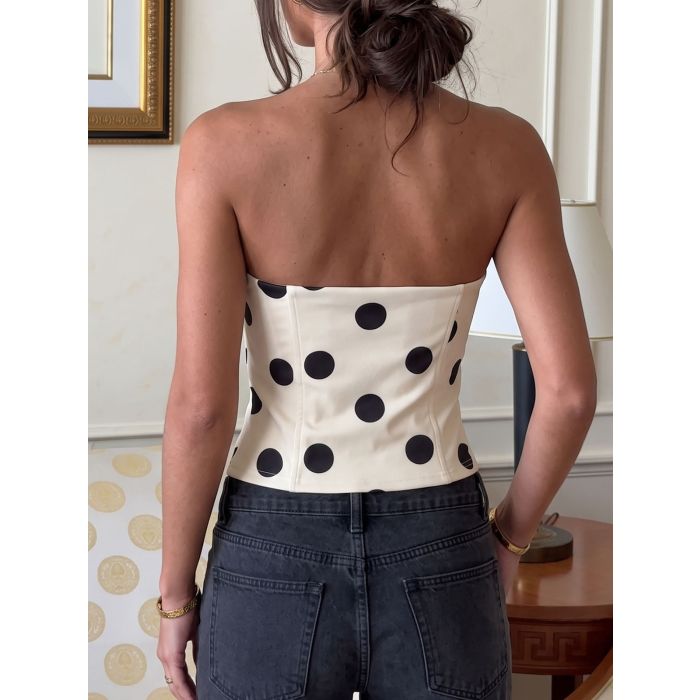 Vintage Polka Dot Tie Front Strapless Resort Fitted Crop Top