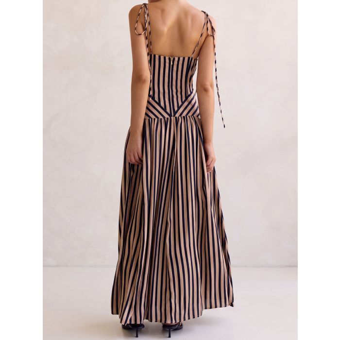 Vintage Deep V Tie Shoulder Drop Waist Resort Striped Maxi Dress