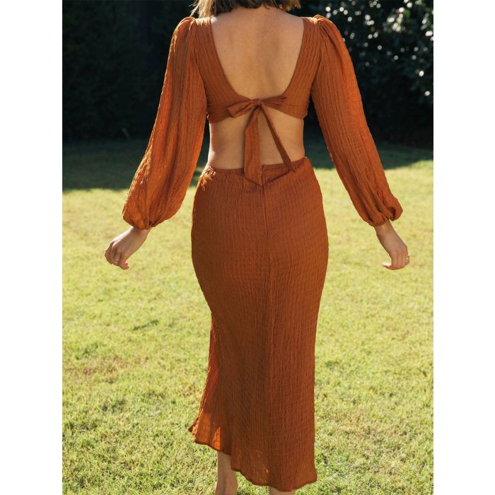 Vintage Sweetheart Balloon Sleeve Tie Back Resort Cutout Midi Dress
