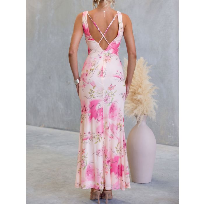 Watercolor Floral Cowl Neck Sleeveless Waist Tie Resort Mesh Midi D…