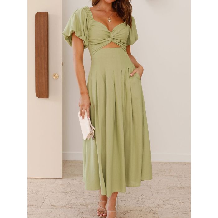 Resort Twist V-Neck Cutout Pocket Puff Sleeve Midi Dress