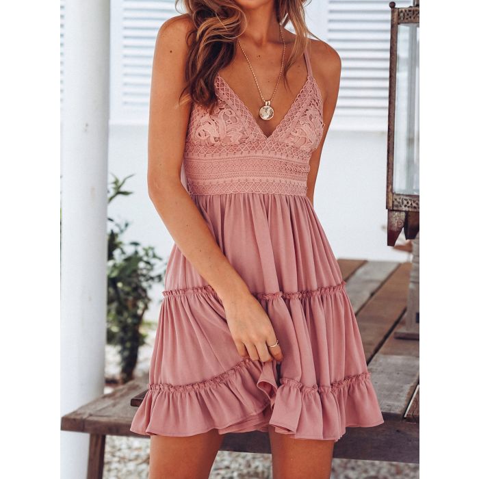 Pretty V-Neck Floral Lace Fit and Flare Resort Tiered Slip Mini Dre…